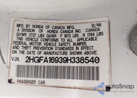 2009 Honda Civic Ex-L from USA, damaged, VIN 2HGFA16939H338540